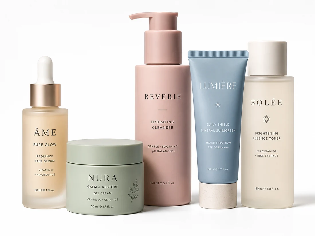 Fem hudvårdsprodukter uppradade — serum, gelkräm, rengöring, solskydd och toner.