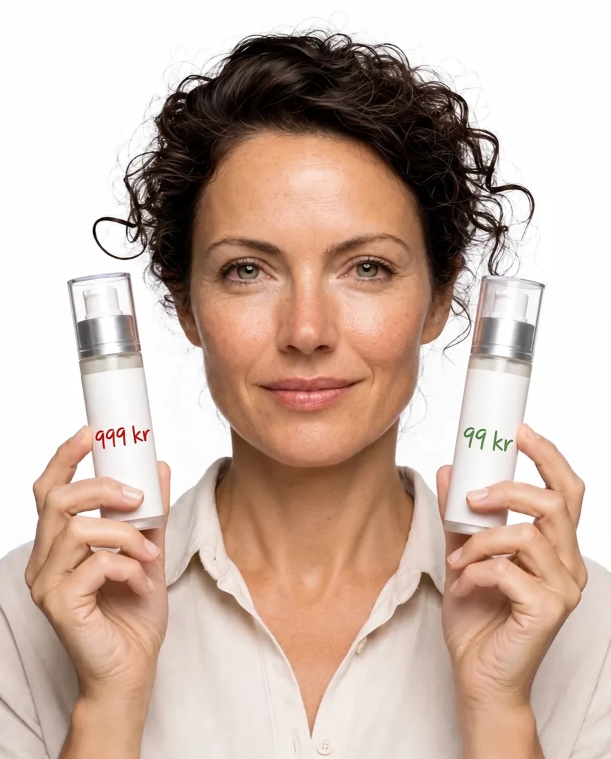 Kvinna som håller upp två snarlika serum, det ena märkt 999 kr och det andra 99 kr.