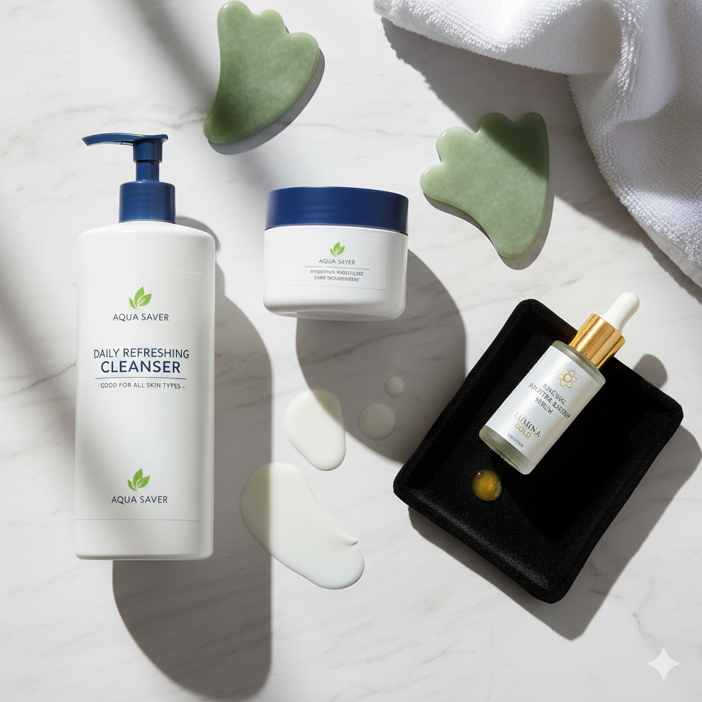 Bild på hudvårdsprodukter som illustrerar hur man smart fördelar budgeten mellan rengöring, serum och fuktkräm.