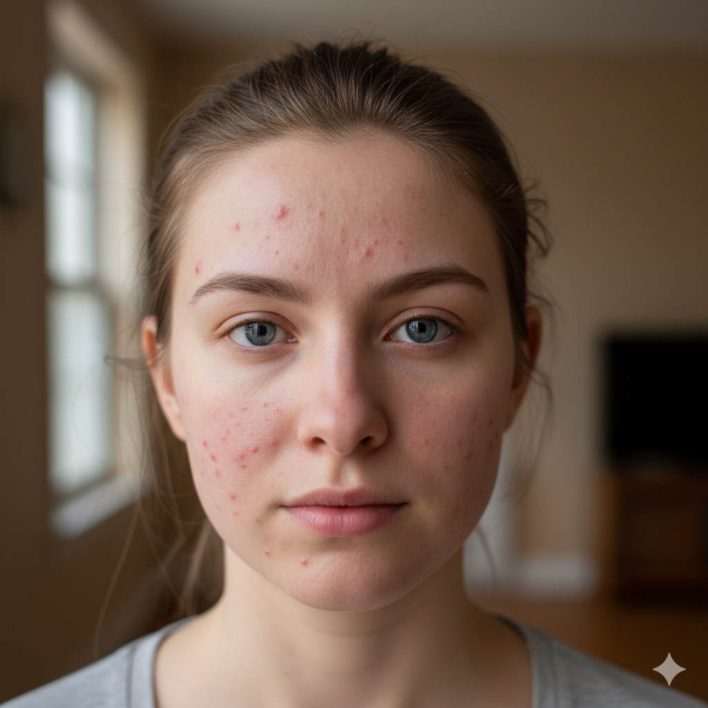 Ung kvinna med röda märken efter finnar på kinderna, visar hur PIE ser ut och varför rodnaden kan dröja kvar.