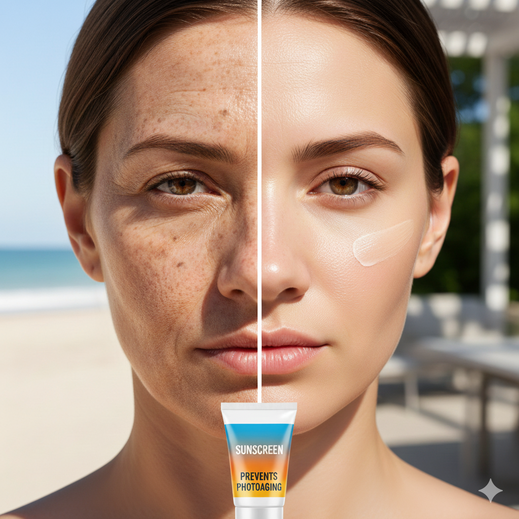 Halvt delad bild av kvinna som visar skillnaden mellan solskadad hud och hud skyddad av solskydd.