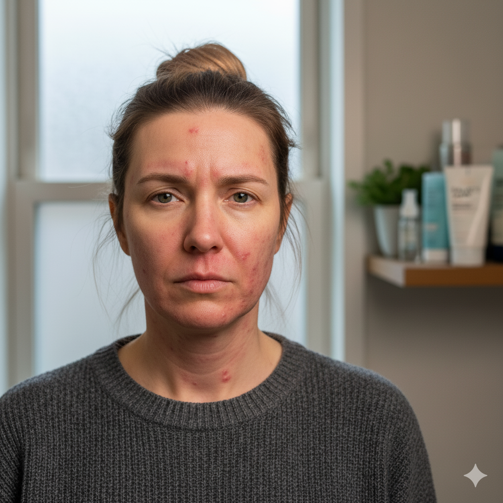 Kvinna i 40-årsåldern med vuxenakne i ansiktet, kopplat till artikel om orsaker och behandling av akne hos vuxna.