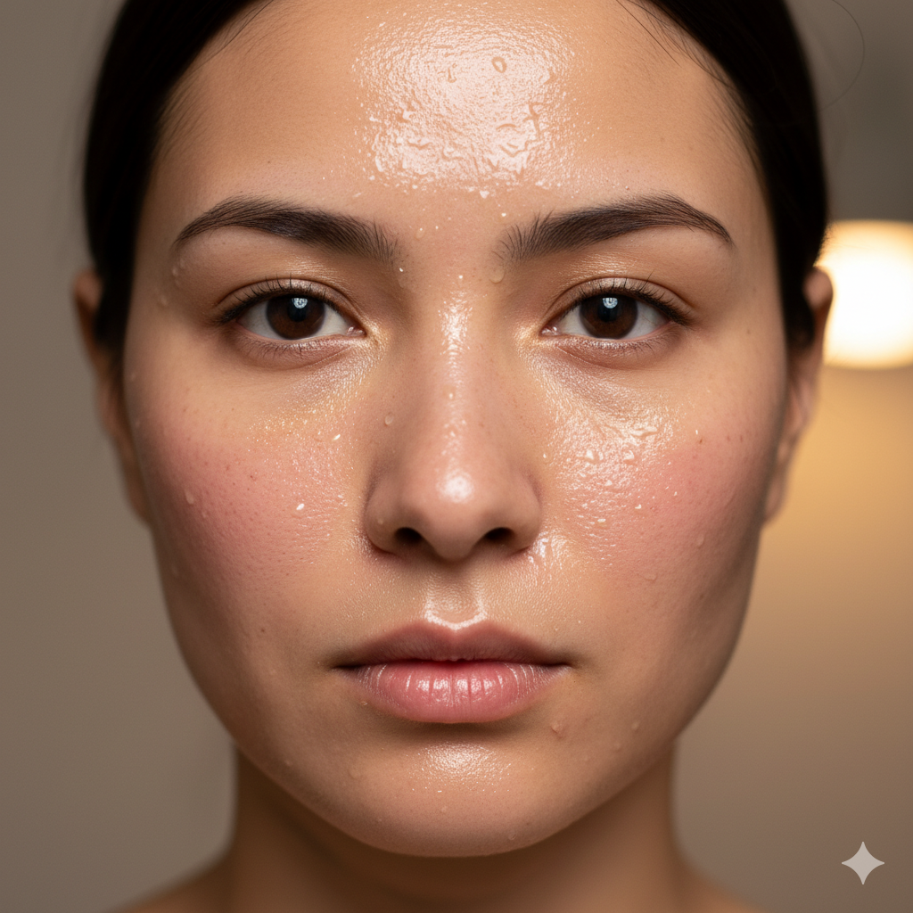 Kvinna med fet, glansig hy i ansiktet med synlig glans i T-zonen och porer runt näsa och panna.