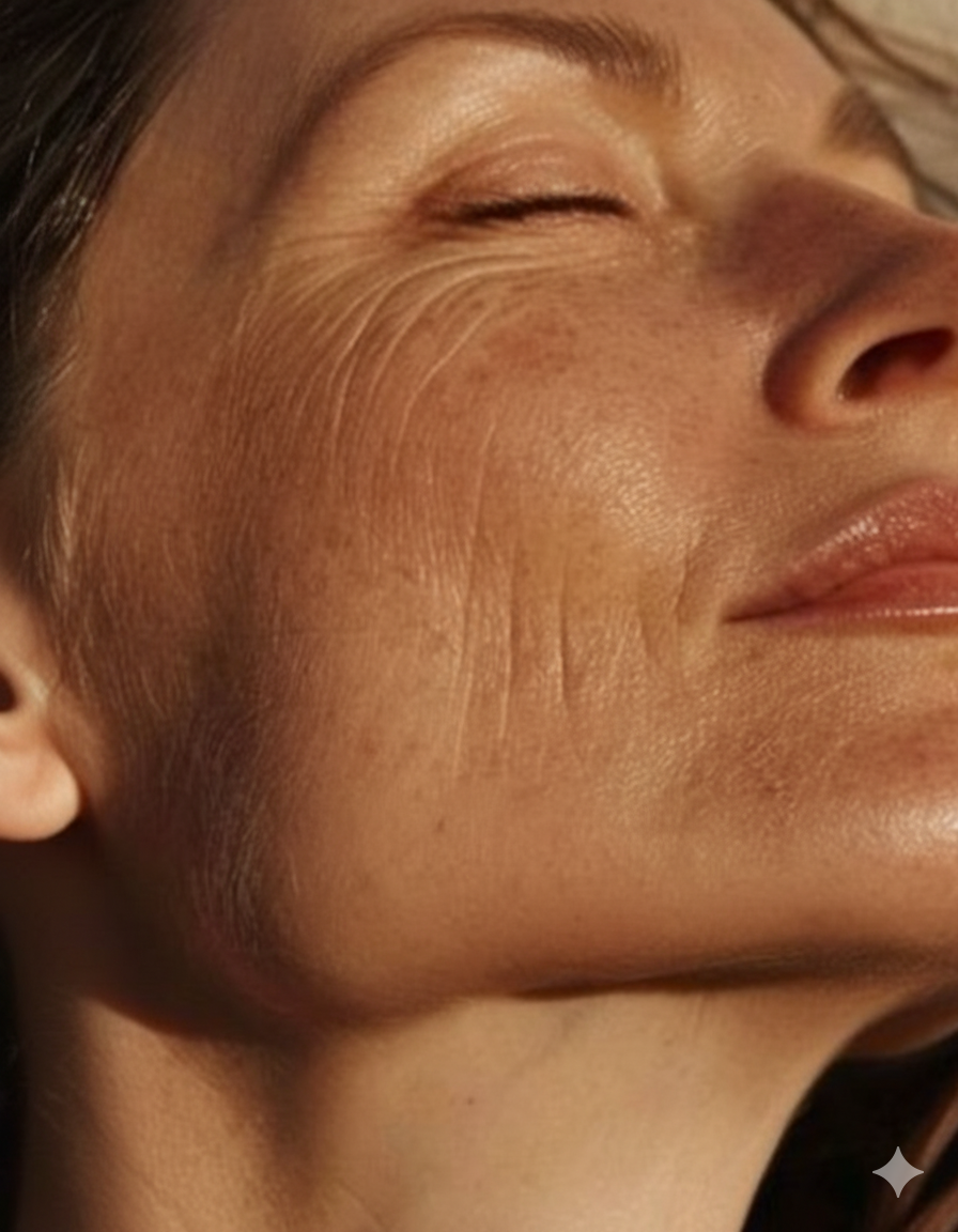 Kvinna med synliga rynkor i ansiktet, illustrerar hur stress och åldrande kan påverka hudens utseende över tid.