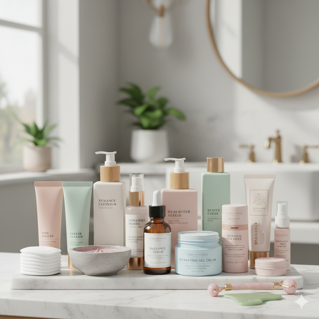 K-beauty 10-stegs hudvårdsrutin jämfört med enkel rutin – visar skillnaden i produkter och resultat.