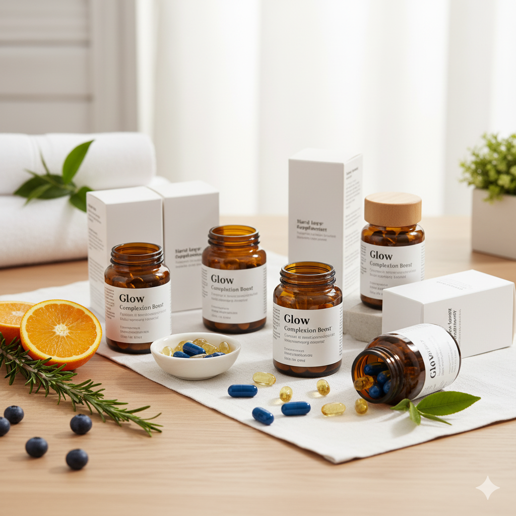 En bild om kosttillskott för Akne, rynkor och pigmentfläckar. Vilka tillskott fungerar för huden, vilka saknar evidens. 