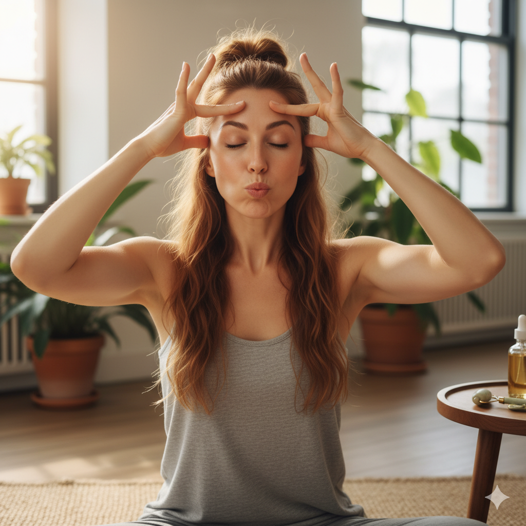 Person som gör ansiktsmassage och face yoga. Visar hur det kan minska svullnad och ge tillfälligt mer definierade ansiktsdrag