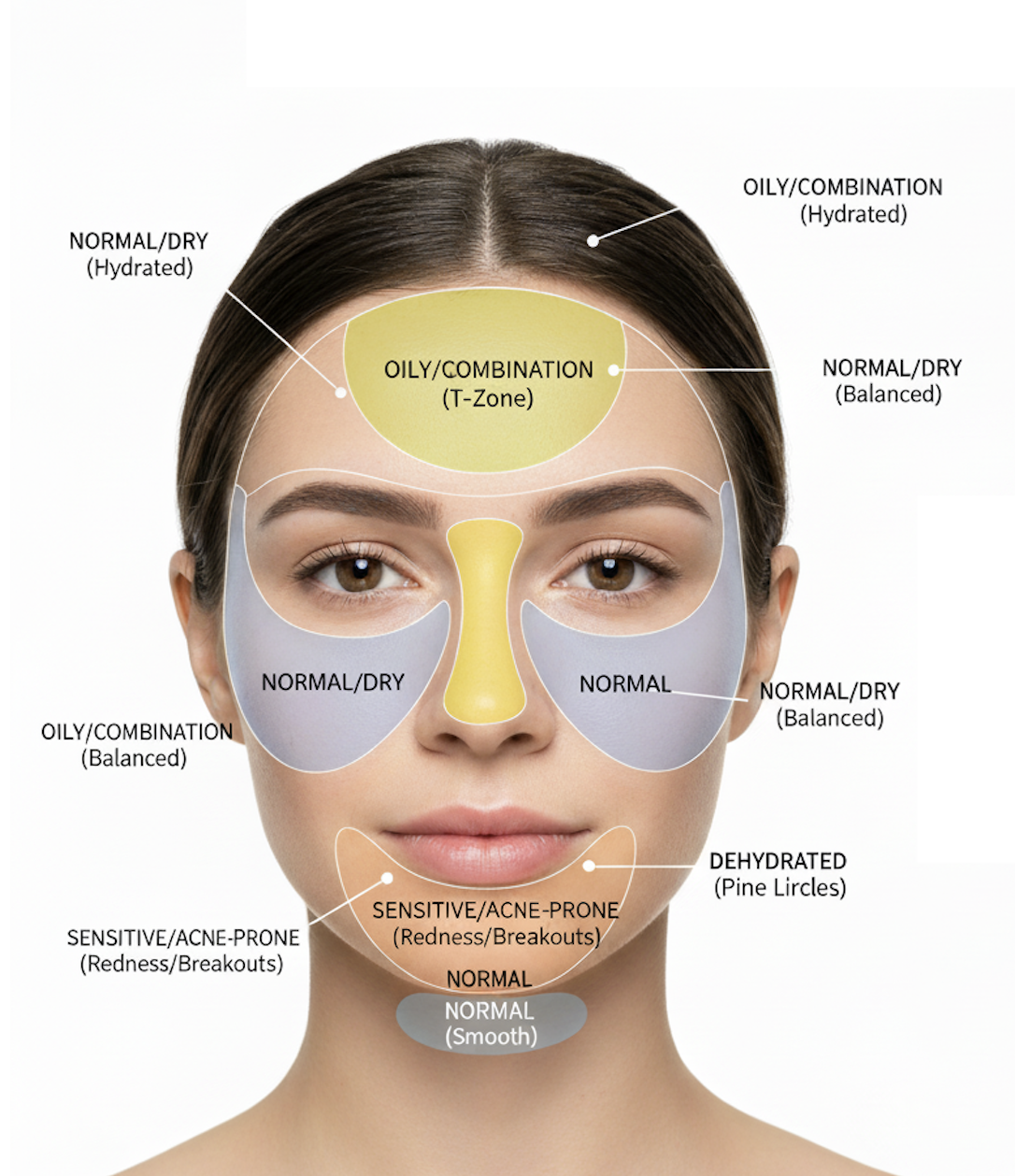 Kvinna med face mapping som visar olika hudzoner för att avgöra hudtyp som torr, fet, blandhy eller känslig.