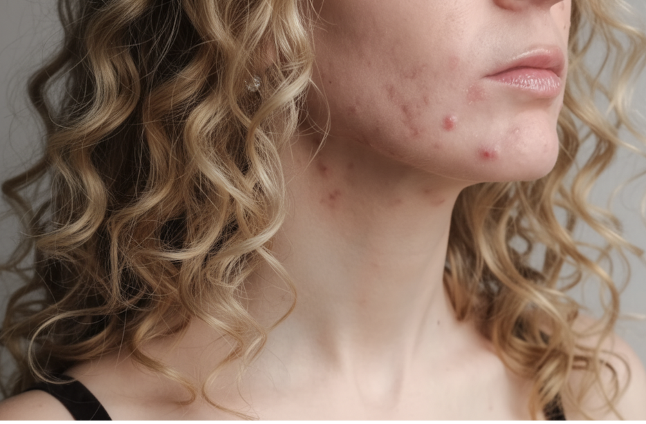 Kvinna med synliga finnar i ansiktet, typiskt för stressrelaterade hudutbrott hos vuxna